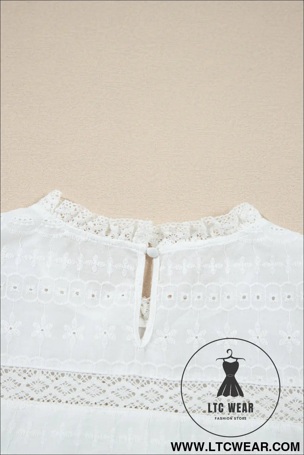 White lace neck flutter sleeve eyelet blouse - 15%