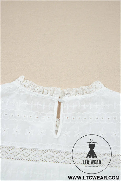 White lace neck flutter sleeve eyelet blouse - 15%