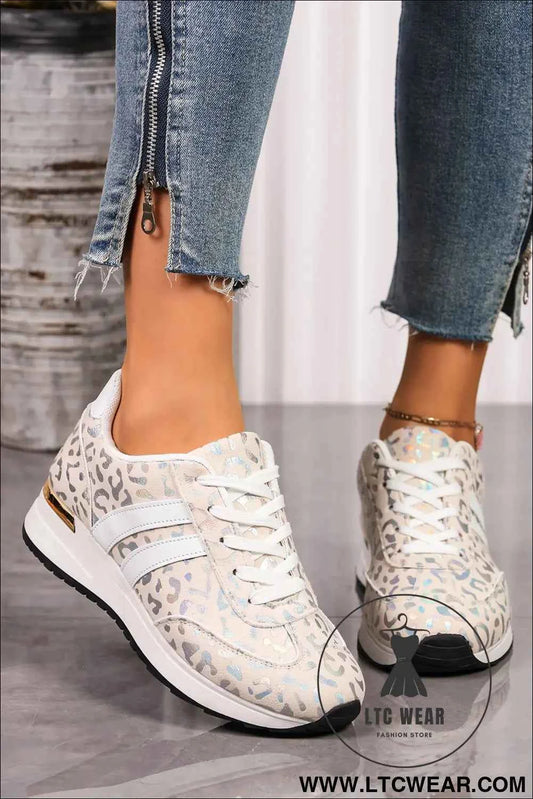 White Leopard Print Lace-Up Low-Top Sneakers with Rubber Sole