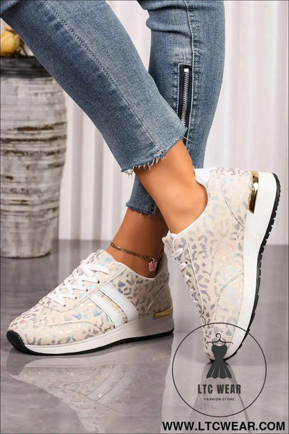 White Leopard Print Lace-Up Low-Top Sneakers with Rubber Sole