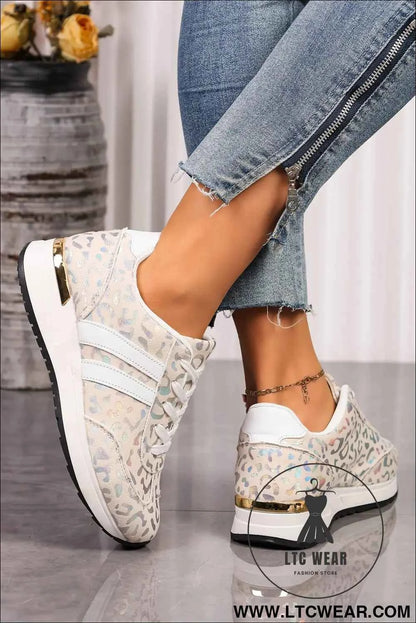 White Leopard Print Lace-Up Low-Top Sneakers with Rubber Sole
