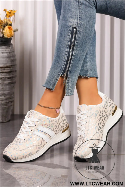 White Leopard Print Lace-Up Low-Top Sneakers with Rubber Sole - L.T.C Wear Online Fashion Store