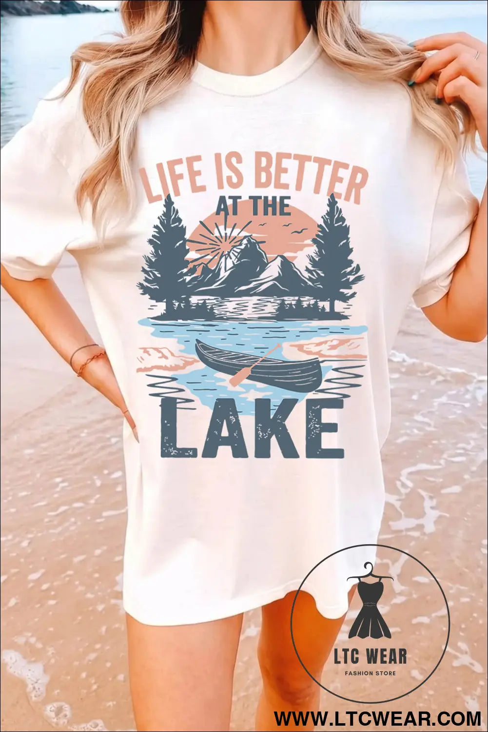 White life is better at the lake graphic tunic t shirt - white / l / 95% cotton + 5% elastane - graphic tees