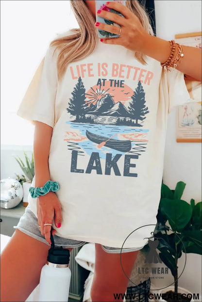 White life is better at the lake graphic tunic t shirt - graphic tees