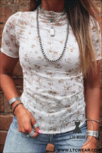 White mock neck short sleeve floral mesh top - white / l / 95% polyester + 5% elastane - tops & tees