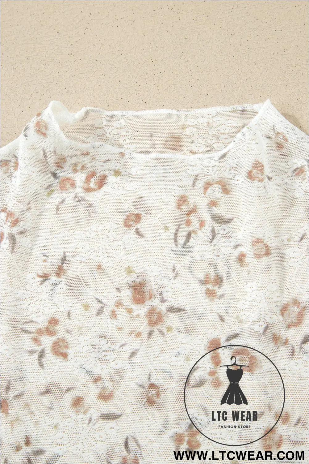White mock neck short sleeve floral mesh top - tops & tees