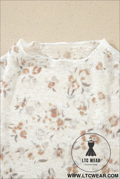 White mock neck short sleeve floral mesh top - tops & tees