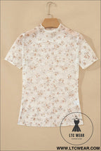 White mock neck short sleeve floral mesh top - tops & tees