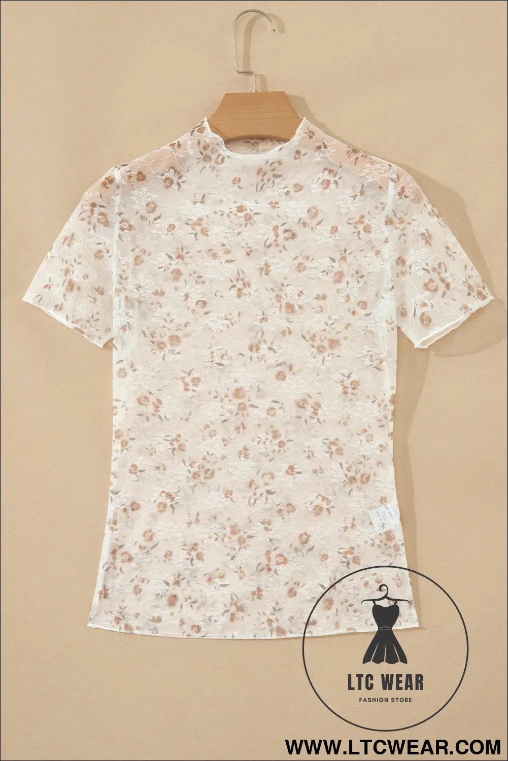 White mock neck short sleeve floral mesh top - tops & tees