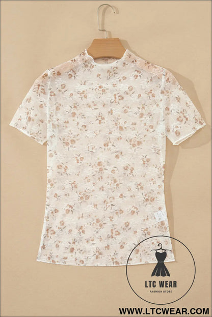 White mock neck short sleeve floral mesh top - tops & tees