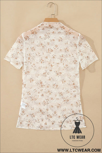 White mock neck short sleeve floral mesh top - tops & tees