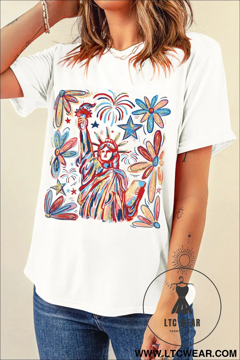 White patriotic statue of liberty fireworks printed t shirt - graphic tees