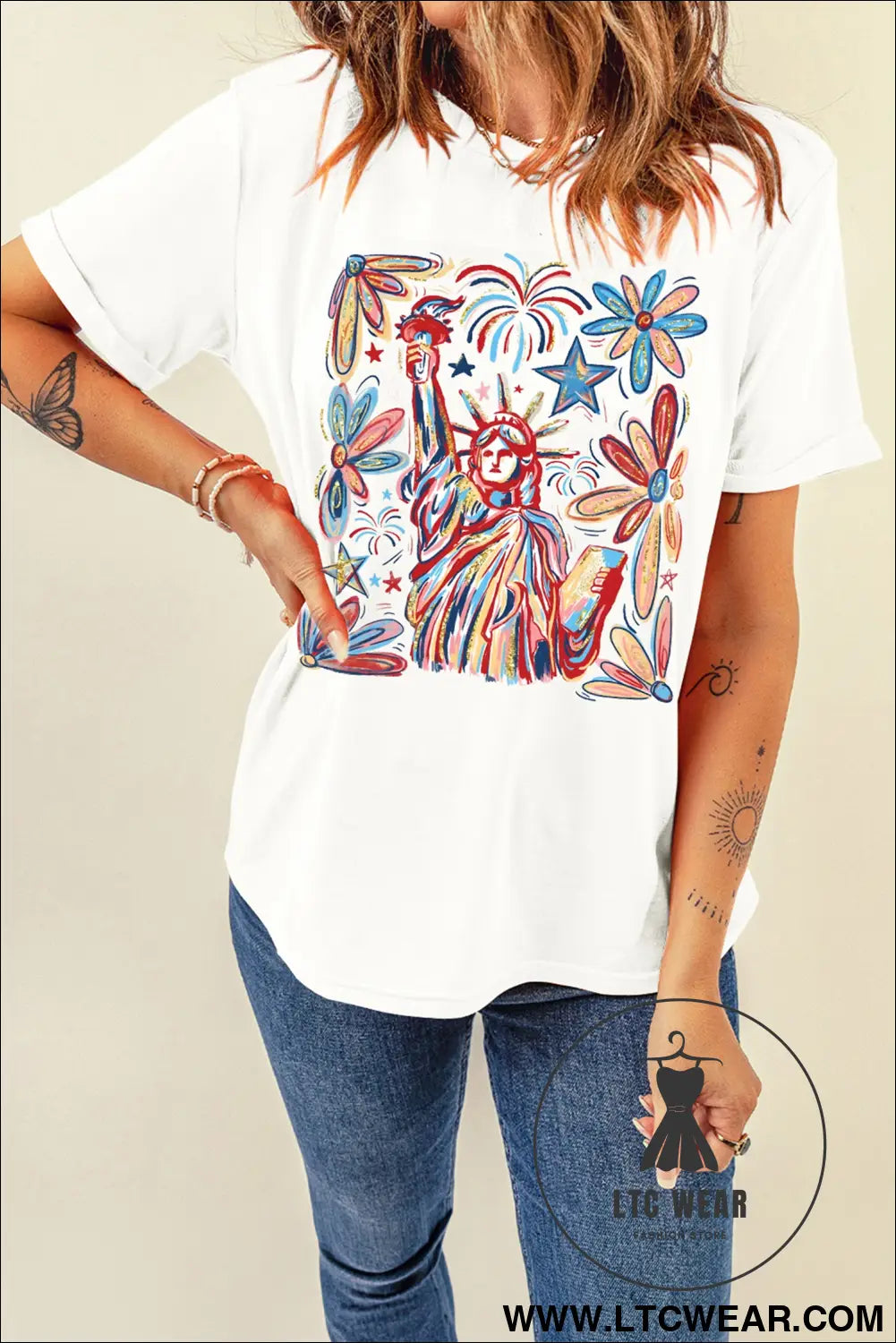 White patriotic statue of liberty fireworks printed t shirt - graphic tees