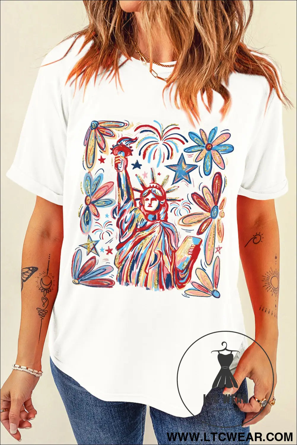 White patriotic statue of liberty fireworks printed t shirt - graphic tees
