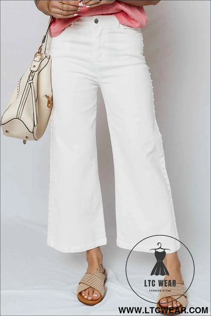 White Pearl Embellished Side Seam Ankle-length Shift Jeans