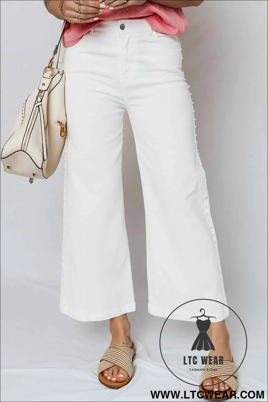 White Pearl Embellished Side Seam Ankle-length Shift Jeans