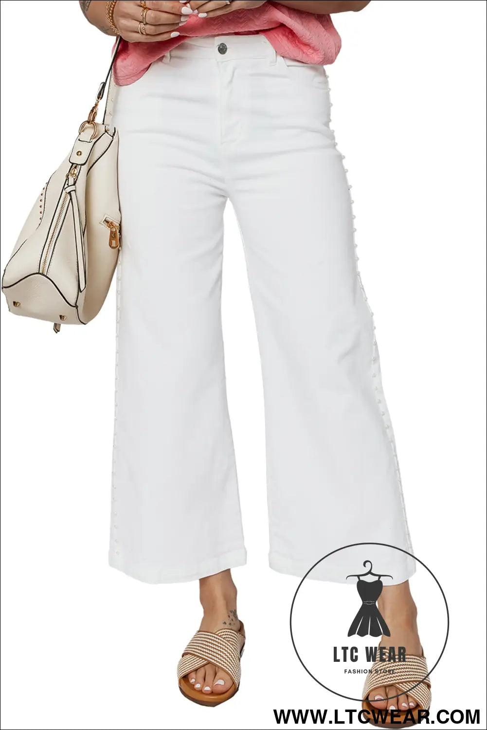 White pearl embellished side seam ankle-length shift jeans - jeans