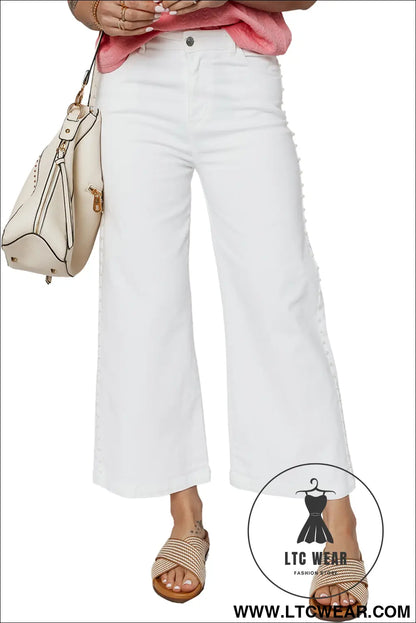 White pearl embellished side seam ankle-length shift jeans - jeans
