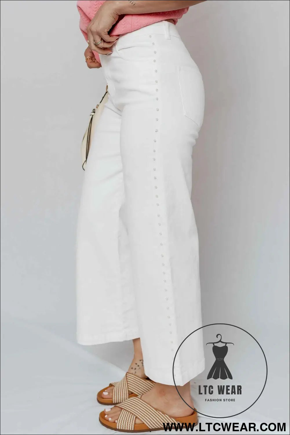 White Pearl Embellished Side Seam Ankle-length Shift Jeans