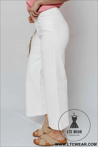 White Pearl Embellished Side Seam Ankle-length Shift Jeans