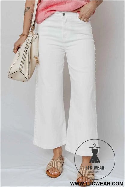 White Pearl Embellished Side Seam Ankle-length Shift Jeans