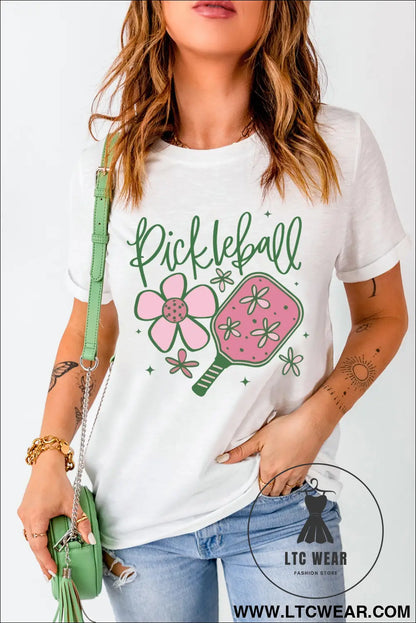 White pickleball sweet flower printed t shirt - graphic tees