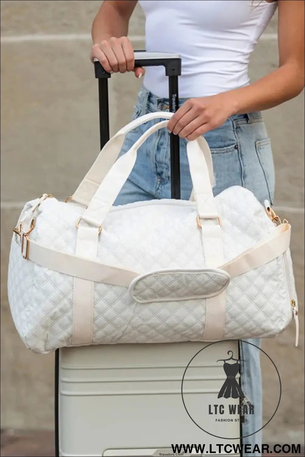 White plaid textured large capacity travel duffle bag - white / one size / 95% pu + 5% alloy - shoulder bags