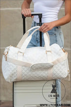 White plaid textured large capacity travel duffle bag - white / one size / 95% pu + 5% alloy - shoulder bags