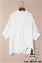 White plain 3/4 batwing sleeve oversize button up blouse - blouses & shirts