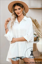 White plain 3/4 batwing sleeve oversize button up blouse - blouses & shirts