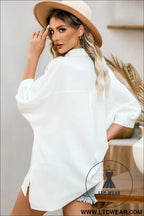 White plain 3/4 batwing sleeve oversize button up blouse - blouses & shirts