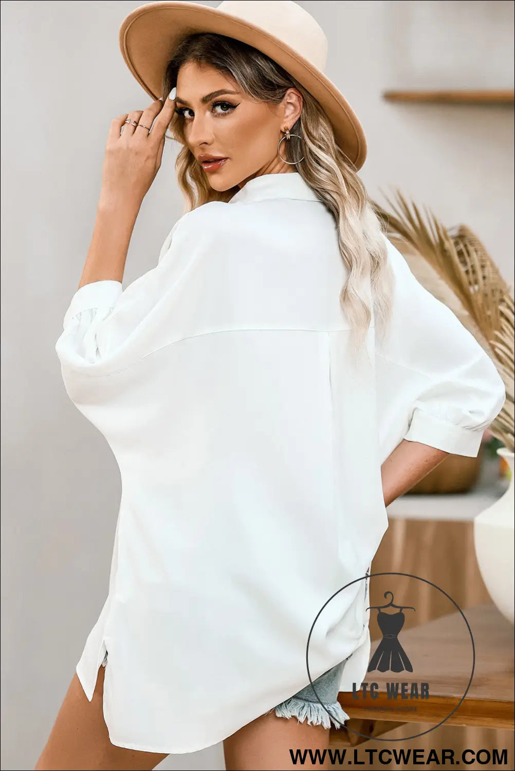 White plain 3/4 batwing sleeve oversize button up blouse - blouses & shirts