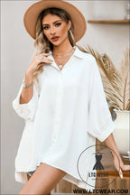 White plain 3/4 batwing sleeve oversize button up blouse - blouses & shirts