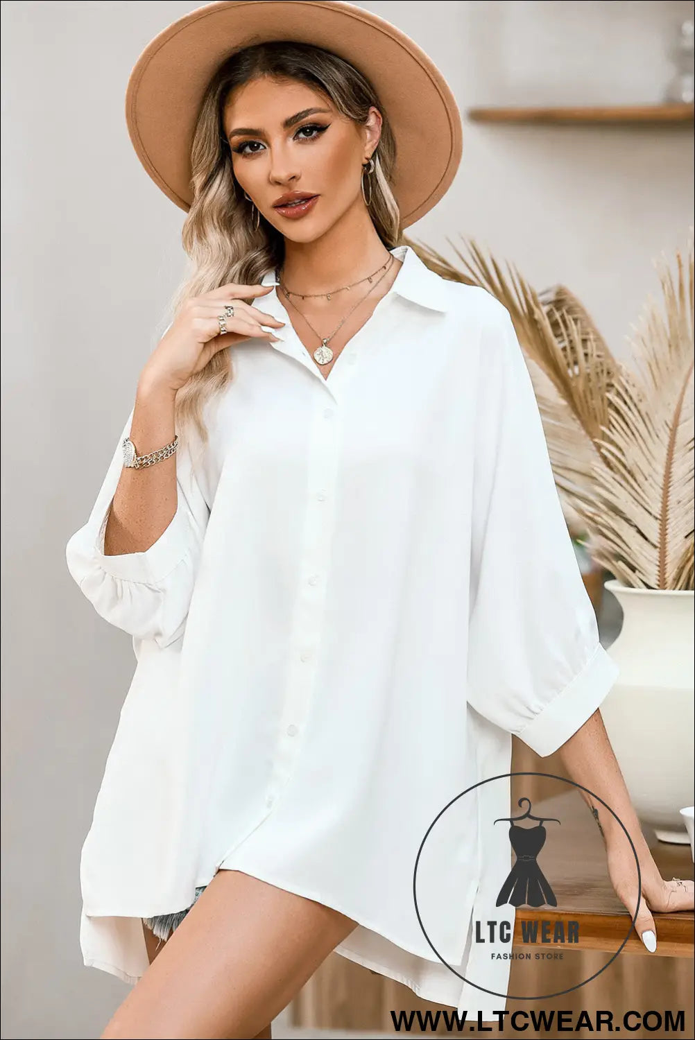 White plain 3/4 batwing sleeve oversize button up blouse - blouses & shirts