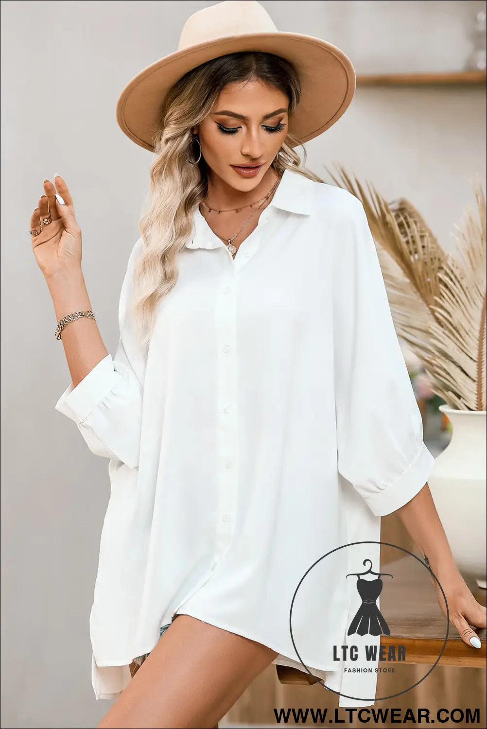 White plain 3/4 batwing sleeve oversize button up blouse - blouses & shirts