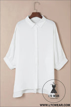 White plain 3/4 batwing sleeve oversize button up blouse - blouses & shirts