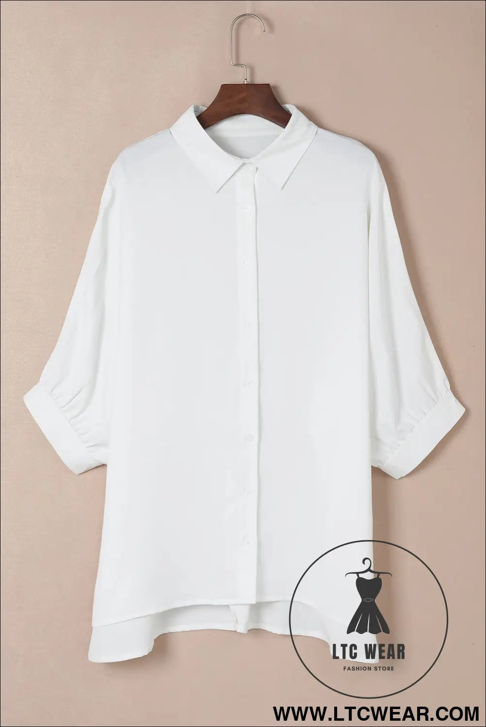 White plain 3/4 batwing sleeve oversize button up blouse - blouses & shirts