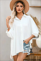 White plain 3/4 batwing sleeve oversize button up blouse - blouses & shirts