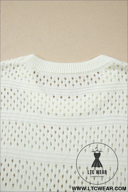 White plus size eyelet hollow out knit ribbed trim short sleeve dolman sweater - plus size sweaters & cardigans