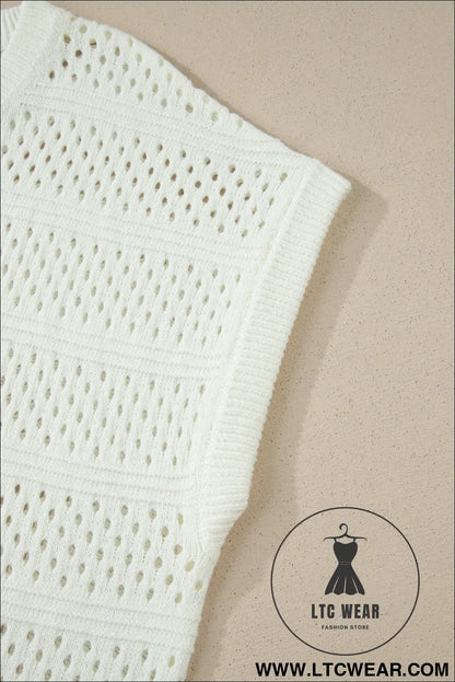 White plus size eyelet hollow out knit ribbed trim short sleeve dolman sweater - plus size sweaters & cardigans