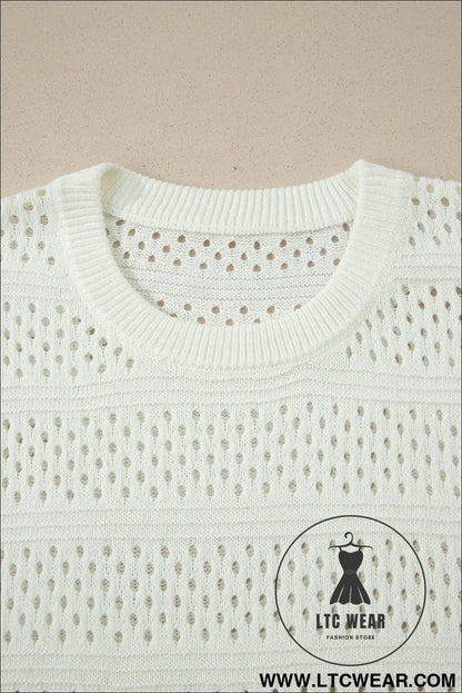 White plus size eyelet hollow out knit ribbed trim short sleeve dolman sweater - plus size sweaters & cardigans