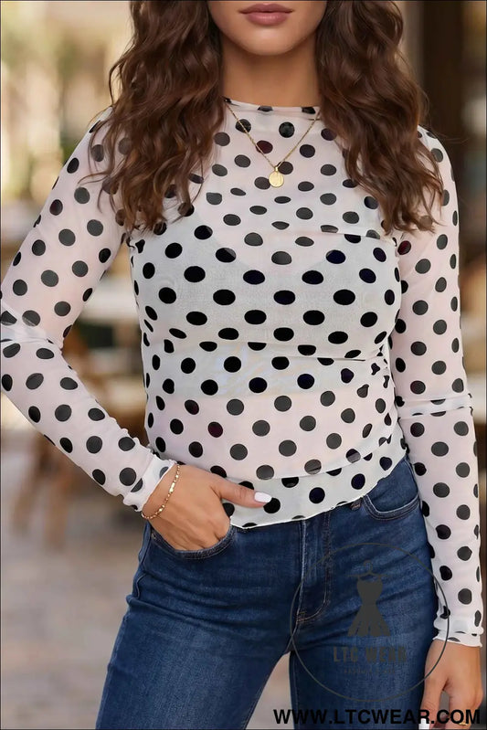 White Polka Dot Mesh Long Sleeve Stand Neck Sheath Top