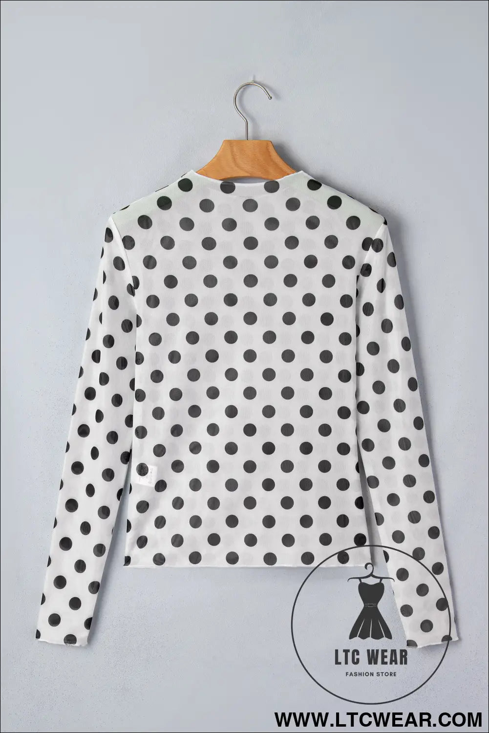White polka dot mesh long sleeve stand neck sheath top - long sleeve tops