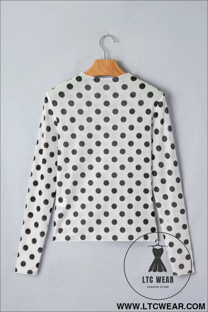 White polka dot mesh long sleeve stand neck sheath top - long sleeve tops