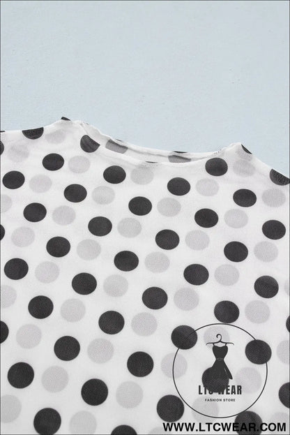 White polka dot mesh long sleeve stand neck sheath top - long sleeve tops