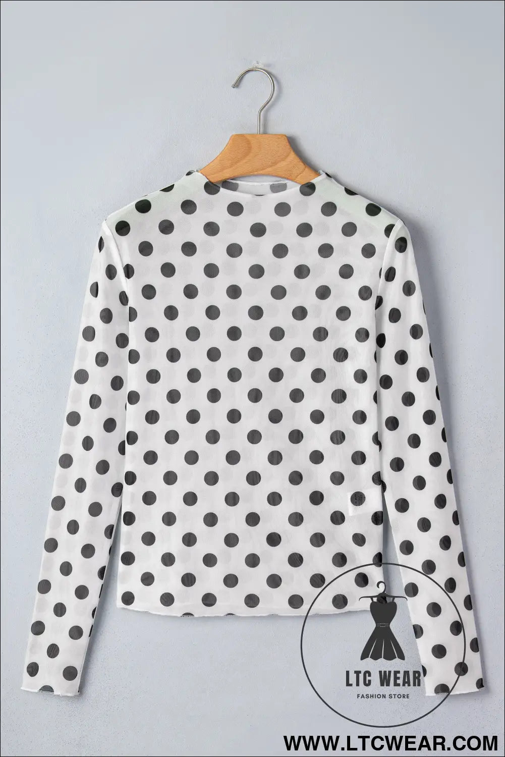 White polka dot mesh long sleeve stand neck sheath top - long sleeve tops