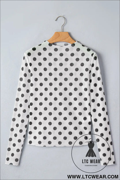 White polka dot mesh long sleeve stand neck sheath top - long sleeve tops