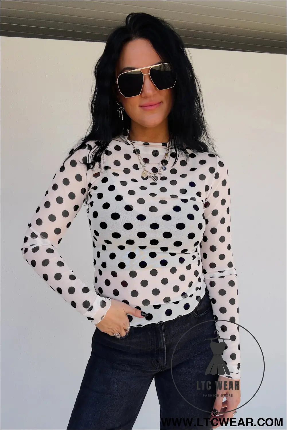 White polka dot mesh long sleeve stand neck sheath top - long sleeve tops