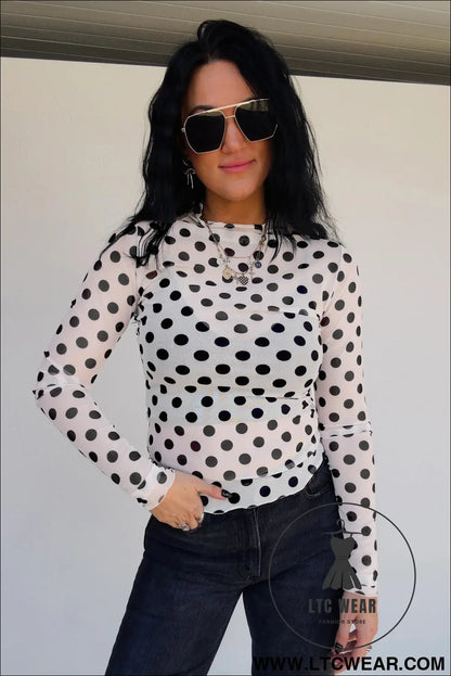White polka dot mesh long sleeve stand neck sheath top - long sleeve tops