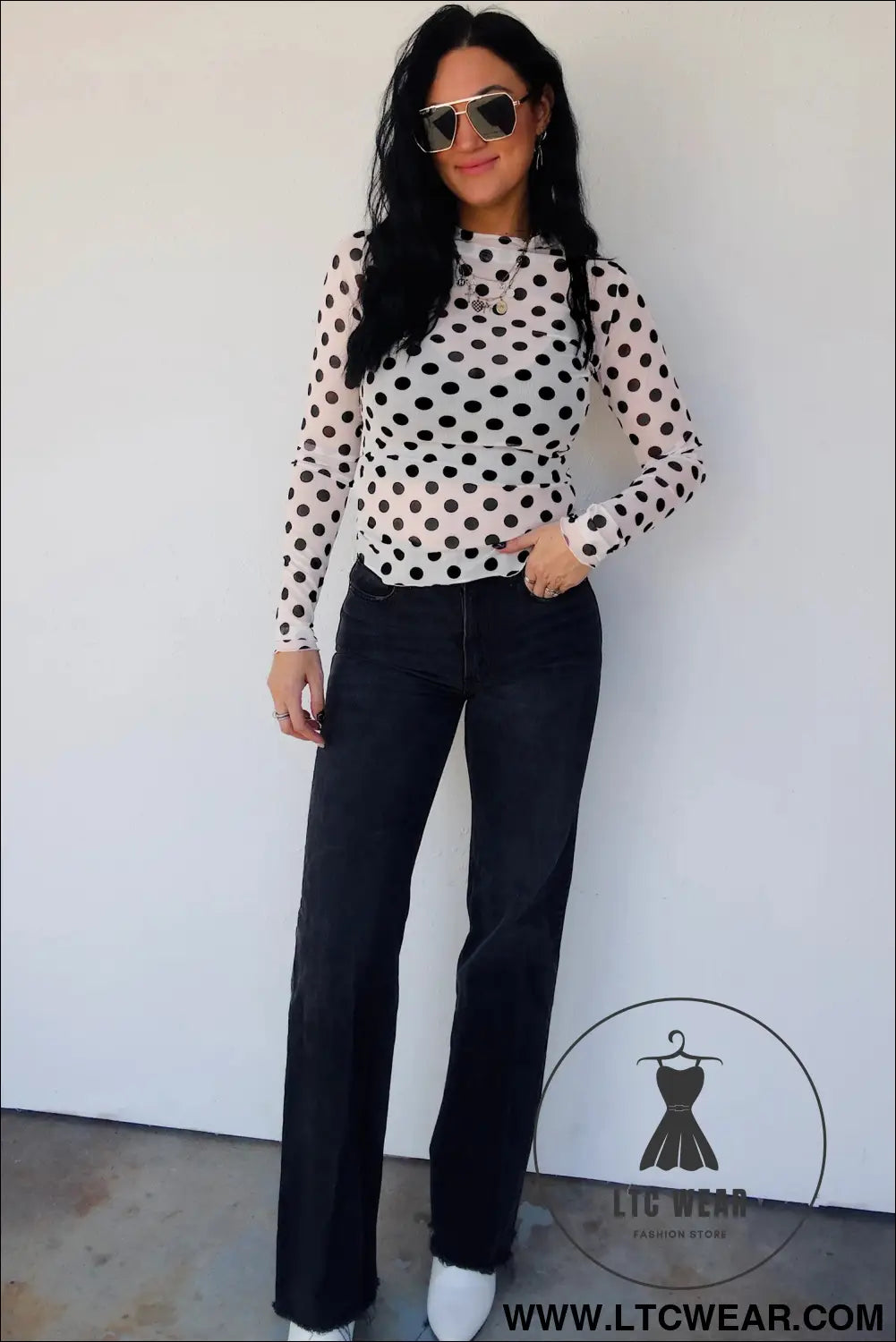 White polka dot mesh long sleeve stand neck sheath top - long sleeve tops